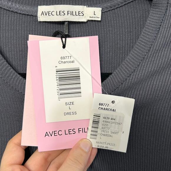 Avec Les Filles Ribbed Sheath Mini Dress NWT Sz L Charcoal 80s Vintage Style - Picture 3 of 6
